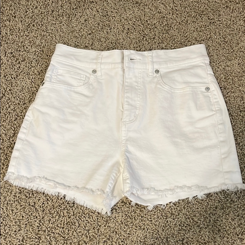 LOFT White High Waist Denim Shorts with Frayed Hem